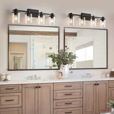 Bathroom setting with 2 units of 4 Light Modern Vanity Light With Industrial Matte Black Finish And Clear Glass Shades above mirrors.