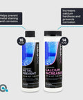 Complete Bromine Spa Starter Kit For Hot Tubs with Metal Prevent and Calcium Increaser bottles, 16 fl oz and 14 fl oz, side by side.