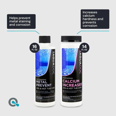Complete Bromine Spa Starter Kit For Hot Tubs with Metal Prevent and Calcium Increaser bottles, 16 fl oz and 14 fl oz, side by side.