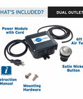 Garbage Disposal Air Switch Kit With Dual Outlet Sink Top Button Satin Nickel Finish Model STS OOSN with components displayed