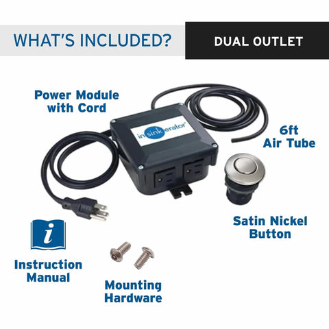Garbage Disposal Air Switch Kit With Dual Outlet Sink Top Button Satin Nickel Finish Model STS OOSN with components displayed