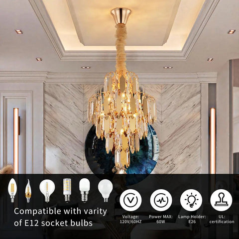 Lit Gold Finish Modern Crystal Chandelier, 5-Tier 7-Light Round Pendant Ceiling Light in room, compatible with E12 bulbs