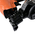 Close-up of CN45C 3/4-Inch To 1-3/4-Inch Coil Roofing Nailer with tool-free depth adjustment and 15-degree drive in orange