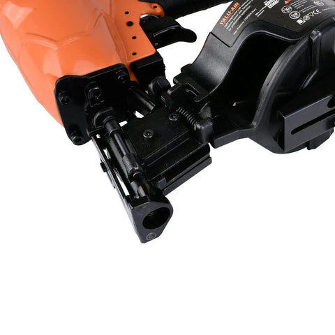 Close-up of CN45C 3/4-Inch To 1-3/4-Inch Coil Roofing Nailer with tool-free depth adjustment and 15-degree drive in orange