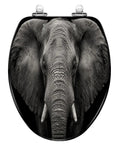 Elongated Monochrome portrait elephant Toilet Seat with detailed elephant design on durable resin material.