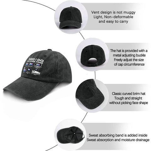 Casual RV Camper Hat For Women With Funny Things I Do In My Spare Time, black with adjustable strap, soft washed distressed look.