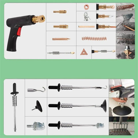 Beefy Steel And Aluminum Dent Pulling Machine parts with 110V spot welding stud welder, pullers, and attachments for cars.