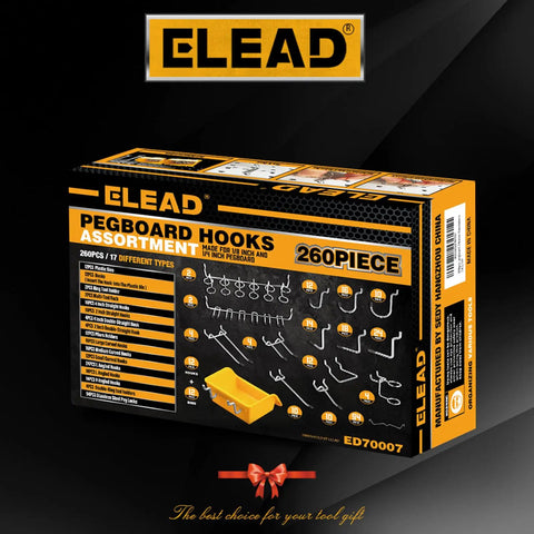 Box packaging of 260 Piece Pegboard Hook And Bin Organizer Kit With 17 Hook Types Including Curved Angled And Straight Hooks Plus 12 Pegboard Bins