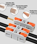 60 Pack Lever Wire Connectors For 24 To 12 Awg Quick Splice Electrical Terminals with solid and stranded wires shown being used.