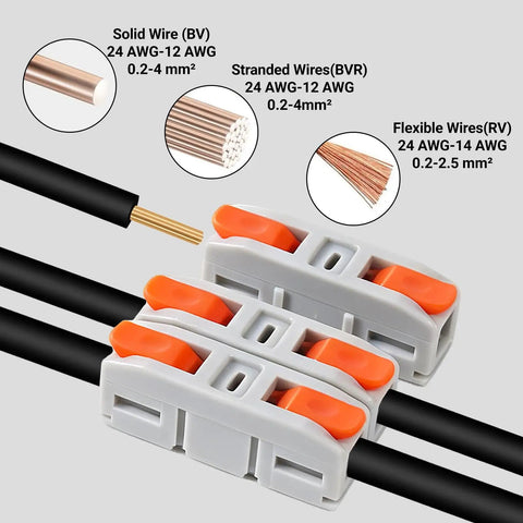 60 Pack Lever Wire Connectors For 24 To 12 Awg Quick Splice Electrical Terminals with solid and stranded wires shown being used.