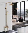 Gold Finish Rain Shower System Set With 8 Inch Rainfall Head And Handheld Spray Wall Mount Dual Function Faucet in bathroom