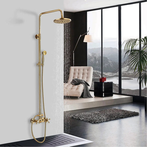 Gold Finish Rain Shower System Set With 8 Inch Rainfall Head And Handheld Spray Wall Mount Dual Function Faucet in bathroom