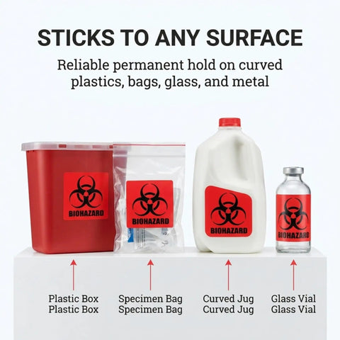 Straight Up Reliable 2X2 Biohazard Stickers 250 Pack No Sweat Coated Paper Warning Labels And Universal Safety Decals For Lab Hospital Or Industrial Site To Keep Your Crew Safe And Sorted on plastic box, specimen bag, curved jug, glass vial.
