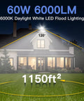 House illuminated by 2 Pack 60W Outdoor LED Flood Lights With Switch, IP66 Waterproof 6000K Daylight, 6000 Lumens Each, 9.8 Ft Wire