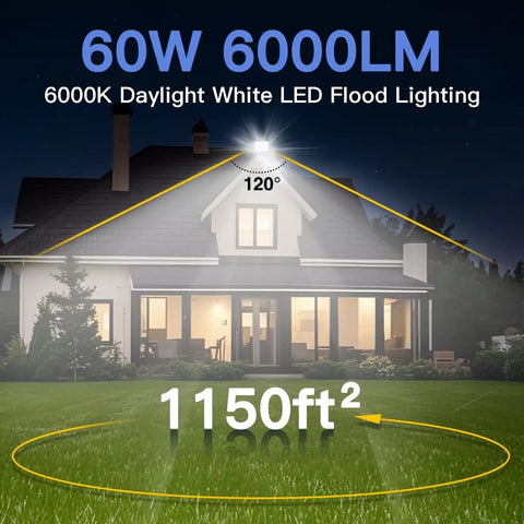 House illuminated by 2 Pack 60W Outdoor LED Flood Lights With Switch, IP66 Waterproof 6000K Daylight, 6000 Lumens Each, 9.8 Ft Wire