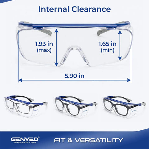 Chill Safety Glasses That Slide Smooth Over Prescription Frames Ansi Certified with internal clearance dimensions shown.