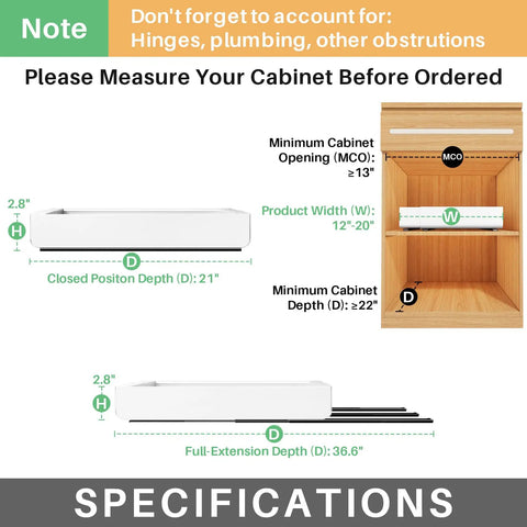 Heavy Duty Pull Out Cabinet Organizer Expands To Fit Twelve Through Twenty Inches specifications for cabinet dimensions and depth.