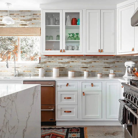 Kitchen backsplash with Peel And Stick Marble Tiles Self Adhesive Aluminum Wall Tile For Bathroom Fireplace And RV Beige Marble With Vintage Golden Embellished Stripes 10 Sheet Pack Thick 4mm For Heavy Duty Backsplash.