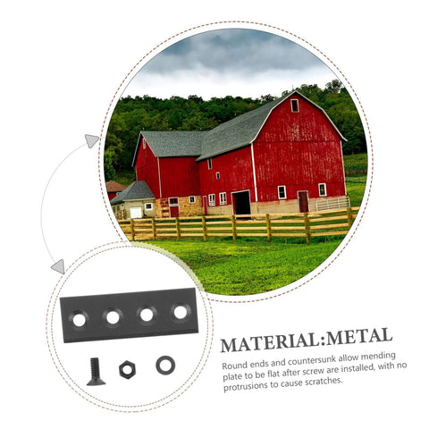 Heavy Duty Sliding Barn Door Hardware Track Connectors Repair Bracket Kit and metal parts in front of red barn