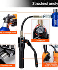 Structural analysis of 360 Degree Rotating Hydraulic Knockout Punch Kit Half Inch To 2 Inch Electrical Conduit Hole Cutter Set With Beefy 66KN Punch Power Slug Splitting Dies KO Tool Kit Hole Making Tool For Electricians with labeled components including oil pump, return and fixed handle with oil bag.