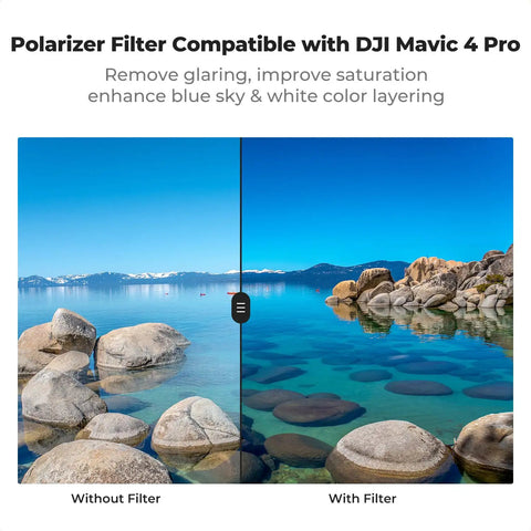Upgrade Circular Polarizer CPL Filter For DJI Mavic 4 Pro Drone Lens showing reflection reduction and color boost on lake scene.