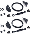 Heavy Duty Anti Sag Gate Kit For Wooden Fences Featuring Rust Resistant Zinc Cable Rigging To Keep Your Backyard Gate Straight And Tight Quick Fit Outdoor Repair Fix Black Two Pack components including cables, clamps and screws.