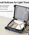 Open 14 Inch Underseat Carry On Luggage With Wheels Hard Shell Carry On Suitcase featuring compartments, dark blue.