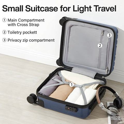 Open 14 Inch Underseat Carry On Luggage With Wheels Hard Shell Carry On Suitcase featuring compartments, dark blue.