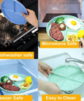 Collage showing Eight Pack 9 Inch Divided Plates With Spoons Set usage: dishwasher, microwave, freezer safe, easy to clean.