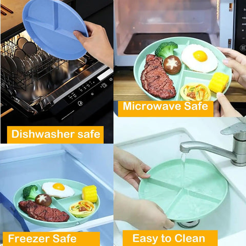 Collage showing Eight Pack 9 Inch Divided Plates With Spoons Set usage: dishwasher, microwave, freezer safe, easy to clean.