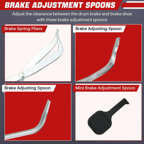 Eight Piece Drum Brake Tool Kit with brake spring pliers, brake adjusting spoon, and mini brake adjustment spoon for repairs