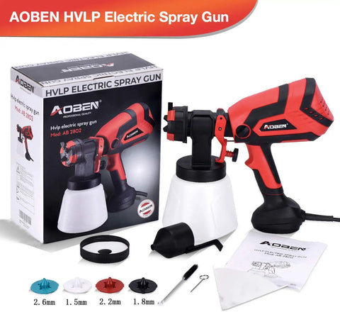 Powerful HVLP Paint Sprayer With 750W Motor And 4 Nozzles, 1000ml Cup for home projects, product box and accessories visible