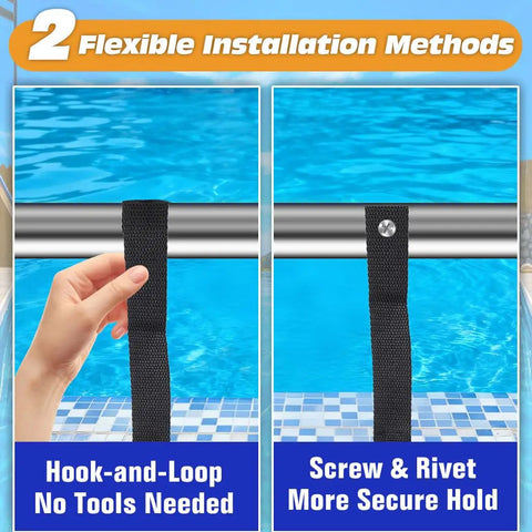 Top Shelf Universal Pool Solar Cover Reel Attachment Kit With Fool Proof Serrated Grip Locking Clips And 24 Piece Hook Strap Bundle For Large Inground Swimming Pools showing two installation methods.