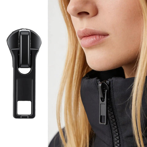 Close-up of 43 Piece Zipper Repair Kit with universal zipper pull on black jacket, ideal for jackets, backpacks, and outdoor gear repairs.