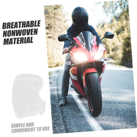 50 Count Elastic Hair Wraps Designed To Keep Your Mane Locked Tight While You Crush Every Shift At The Kitchen Cleanroom Or Facility Breathable Light Fabric Sticks Secure For Zero Fuss Dust Control On The Fly, displayed with a motorcycle and rider.