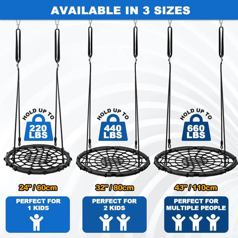 Spider Web Tree Swing For Kids And Adults, Outdoor Saucer Net Round Swing With Steel Frame And Turnbuckle, 43 Inch Platform, sizes details