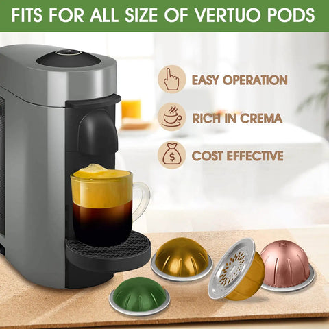 Coffee machine with mug next to various reusable VertuoLine capsule lids made of stainless steel for all size coffee pods.