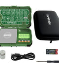 Pocket Scale 500g 0.01g With Backlit Display Jewelry And Coin Scale Precision Gram Scale Six Weighing Units Dual Powered USB Or 2 AAA Batteries Zipper Case Cal Weight USB Cable Included, shown with accessories.