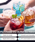 Smooth Countertop Bullet Ice Maker With Zero Hassle Setup And Custom Brick Panel, whips up ice for colorful cocktails in glasses.