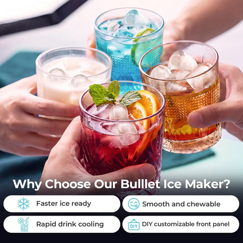Colorful drinks with ice cubes served in glasses showcasing features of the Countertop Bullet Ice Maker Chilling Out In 6 Minutes With 27 Lbs Daily Yield.
