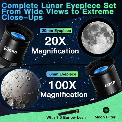Beginner Kids Telescope Kit With 50mm Lens 100x Magnification Tripod Two Eyepieces And Finder Scope showcasing eyepieces and moon views