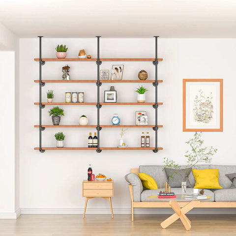 Industrial Iron Pipe Shelving Set With Brackets For Farmhouse Walls, DIY Pipe Shelves For Kitchen Living Room Bar And Cafe Decor, 3 Pieces, 5 Tiers, 68 Inch Tall, 12.2 Inch Between Shelves