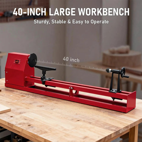 Rock Solid 14X40 Benchtop Wood Lambe Machine With Gnarly Turning Span And Smooth Variable Speed Drive Plus No Fuss Chisel Kit For Dope Bowl Craft And Spindle Turning Success Today on a wooden workbench.