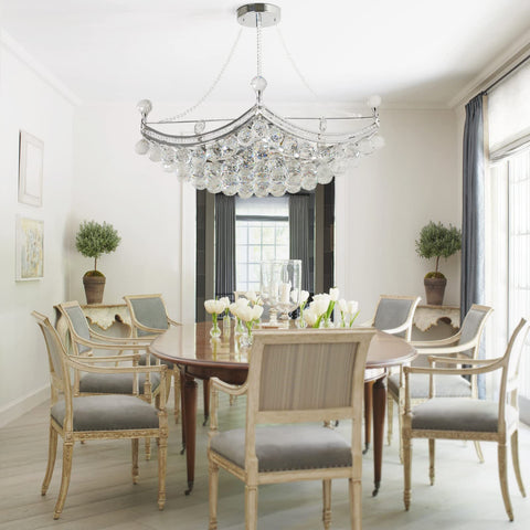 Modern Crystal Chandelier Pendant Light With Silver Finish, 25 Inch Ceiling Fixture over dining table, elegant room.
