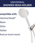 Product image showing Solid Metal Handheld Shower Head Holder In Brushed Nickel Adjustable Wand Mount With Universal Wall Hook Bracket And Brass Pivot Ball Durable Shower Accessory Replacing Cheap Plastic Fits Most Half Inch Connections. Text mentions compatibility with HammerHead, Moen, Delta, Kohler.