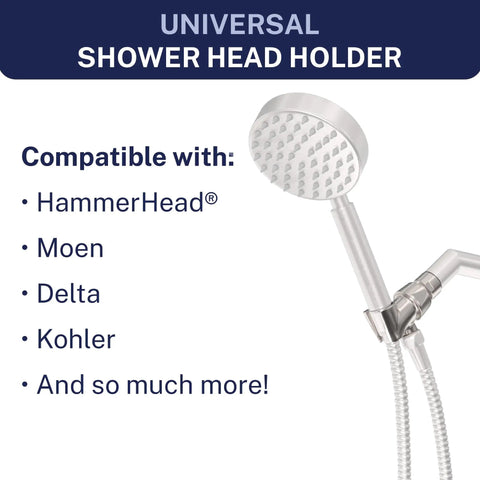 Product image showing Solid Metal Handheld Shower Head Holder In Brushed Nickel Adjustable Wand Mount With Universal Wall Hook Bracket And Brass Pivot Ball Durable Shower Accessory Replacing Cheap Plastic Fits Most Half Inch Connections. Text mentions compatibility with HammerHead, Moen, Delta, Kohler.