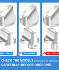 Easy Swap 5 Pack Gas Range Knob Replacements size comparison with model numbers for W11117415, W11366438, W11517334