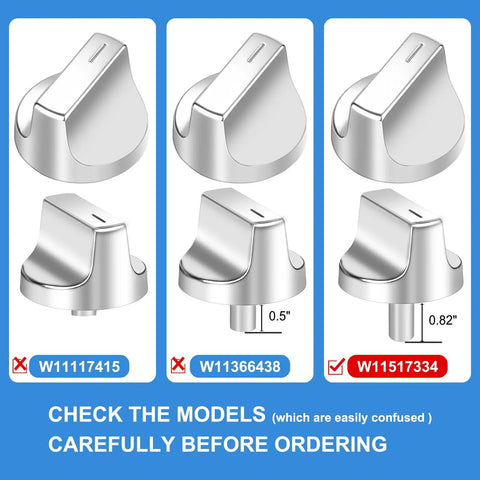 Easy Swap 5 Pack Gas Range Knob Replacements size comparison with model numbers for W11117415, W11366438, W11517334