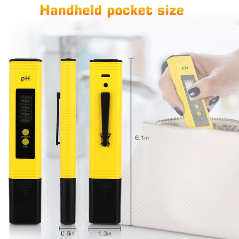 Pocket Size pH Meter Tester Pen For Water Pre Calibrated With High Accuracy To 0.01 pH 0 To 14 Range Ideal For Drinking Water Pools Aquariums And Hydroponics Yellow displayed showing size and portability