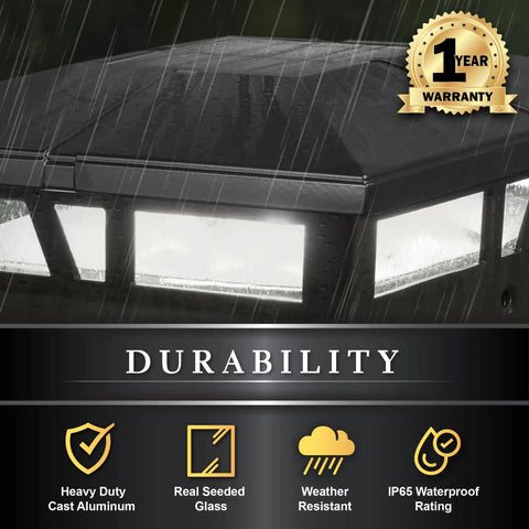 Close-up of Solar Post Cap Light For 5x5 To 6x6 Posts Black Aluminum Auto On Off Weatherproof Outdoor Accent with rain accents